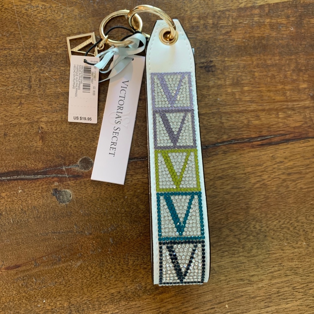 Victoria Secret Rhinestone Keychain White Shine Monogram Bling Logo Wristlet New